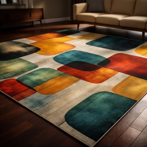 Tzvjxln Mid Century Geometric Area Rug 5x8 ft, Retro Color Block Abstract Statement Rug, Low Pile Non-Slip Washable Indoor Rug for Living Room Bedroom