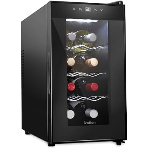 Ivation 8 Bottle Red And White Wine Thermoelectric Wine Cooler/Chiller Counter Top Wine Cellar with Digital Temperature Display, Freestanding Refrigerator Smoked Glass Door Quiet Operation Fridge