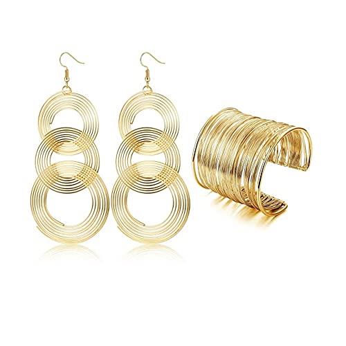 70s Disco Women Jewelry Set Metal Thin Thread Wire Coil Cuff Bracelet Triple Swirl Gold Earrings Trendy Boho Jewelry