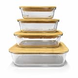 Visario Frischhaltedosen Glas 4er Set – 370, 640, 1050 & 1520 ml Vorratsdosen mit Bambusdeckel | Borosilikatglas | Luftdicht | BPA-frei | Meal Prep | Mikrowelle, Ofen, Gefrierschrank & Spülmaschine