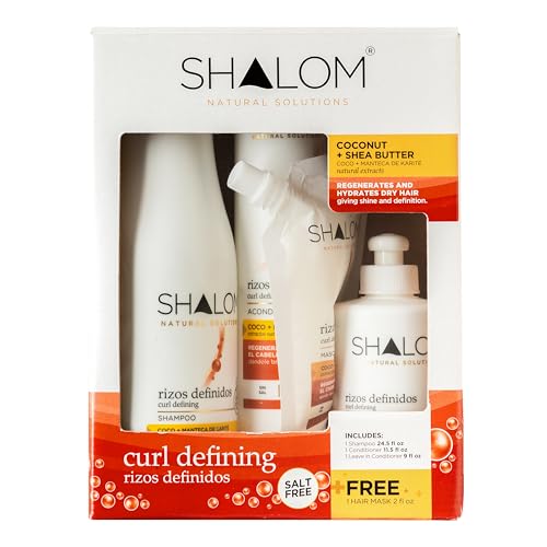 SHALOM Curl Defining Complete Kit with Coconut & Shea Butter - 25 fl oz Shampoo, 12 fl oz Conditioner, 2 fl oz Hair Mask, 9 fl oz Leave-in Conditioner - Salt, Sulfate & Paraben Free