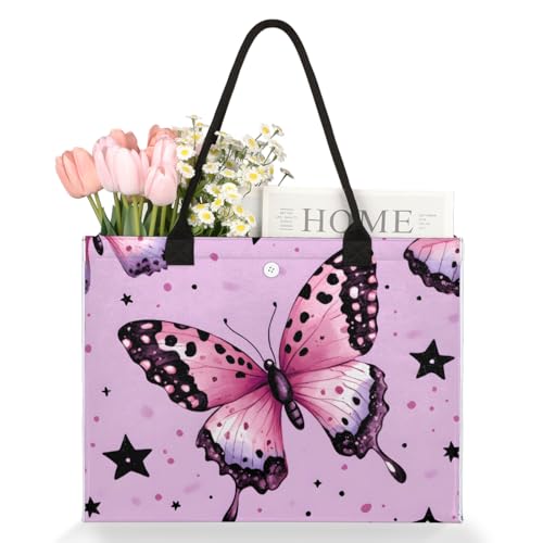 Purple Butterfly Black Star Tote Bag for Women Large Beach Bag Reusable Tote Bags for Work Travel Beach Shopping3