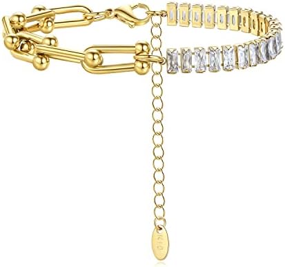 18K Real Gold Plated Cubic Zirconia Bracelet, Stainless Steel Gold Bracelets for Women, Adjustable Chain Bracelets for Women Jewelry