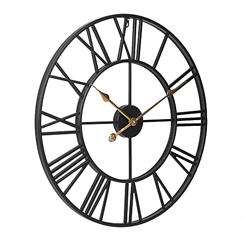 Abaseen Large Wall Clocks for Living Room Modern Decorative, Skeleton Clock Roman 3D Clear Numbers Easy to Read Round Analogue Wall Clock Battery Operated (Black Metal with Golden Needles 60cm)… - Image 3