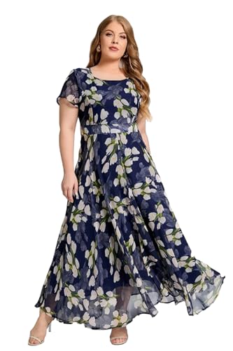 Image of Shasmi Women's Navy Blue Georgette Digital Floral Printed Floral Printing Short Sleeve A-Line Maxi Gown Dress for Women (Gown Dress 248)