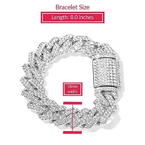 Emesly Solid Miami Cuban Link Chain Gold/Silver Necklace (16, 18, 20, 22, 24, 30 Inches Length); Hip Hop Bracelet (8" Length) For Men & Women; Perfect Iced Out Bling Jewelry Gift (20.0 Inches, Silver A 18Mm (Necklace + Bracelet)) #TOP2