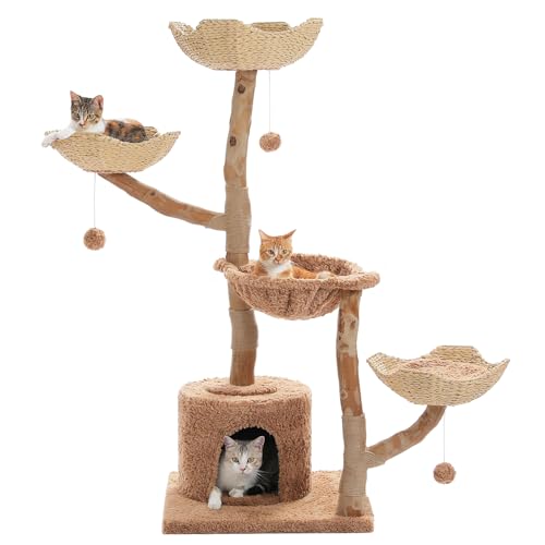PETEPELA Kratzbaum für Wohnungskatzen, 150 cm hoher moderner Katzenbaum für große Katzen, mit 3 großen Körben, aus massivem Naturholz, Luxus-Katzenhaus mit Hängematte, modernes Möbel, Braun