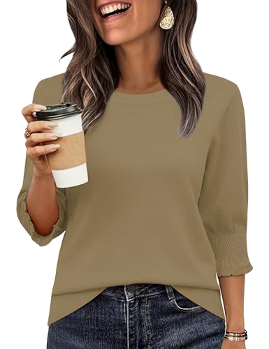 Totatuit Sweaters for Women 3/4 Sleeve Ladies Elegant Crew Neck Lightweight Knit Sweater Casual Business Tops Camel X-Large