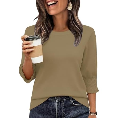 Totatuit Women 3/4 Pleated Sleeve Sweaters Casual Crew Neck Lightweight Knit Sweater Top Loose Basic Business Clothes Camel Small