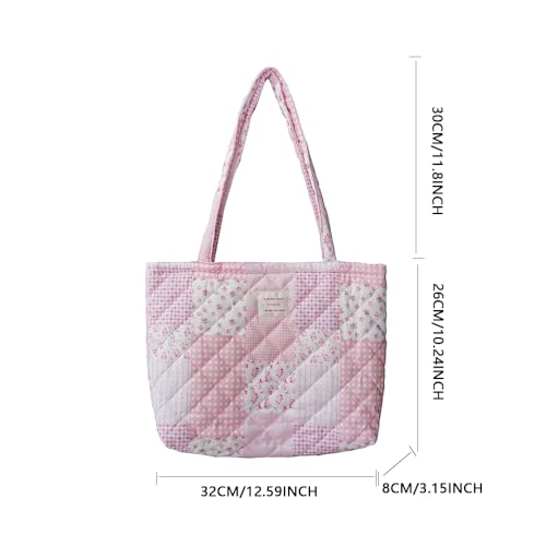 Image of Floral Quilted Cotton Shoulder Bag for Women Daily Use Medium Size Handbag Large Capacity Thickened Design Tote