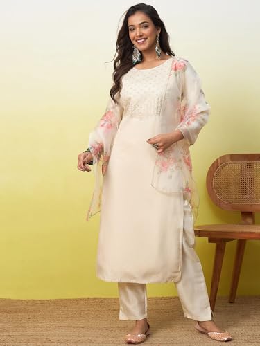 Image of VredeVogel Women's Silk Blend Embroidered Straight Kurta Pant Set with Organza Dupatta