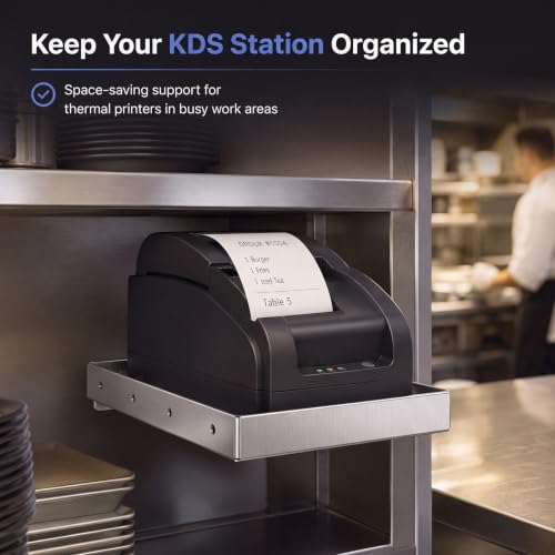 Image of Shimeyao 304 Stainless Steel POS KDS Thermal Printer Shelf Tray, 13.5 x 10 Inch Large Receipt Printer Stand, Mounts to Wall or Shelf Edge, 4 Mounting Holes Each Side for Kitchen, Retail, Shop