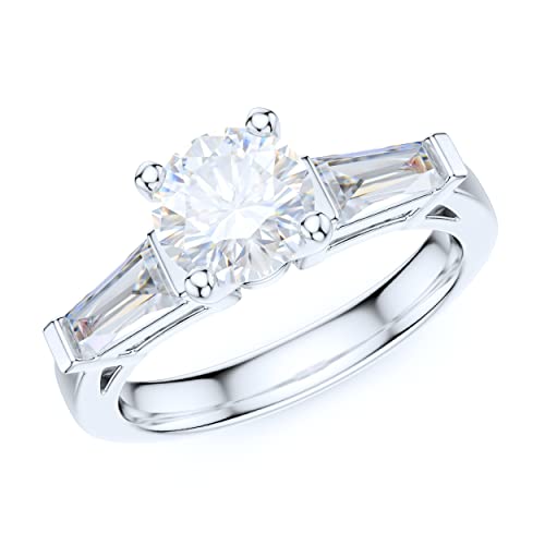 Sterling Silver Tapered Baguette and Round Brilliant Cut Simulated Diamond or Genuine Moissanite Three-Stone Promise Engagement Ring For Women