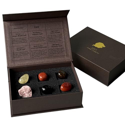 Juniful Unic Leo Zodiac Energy Set-6 Harmonizing Crystals for Leadership Creativity Gift for Practitioners & Zodiac Enthusiasts Citrine Red Jasper + 4 More in Elegance Box
