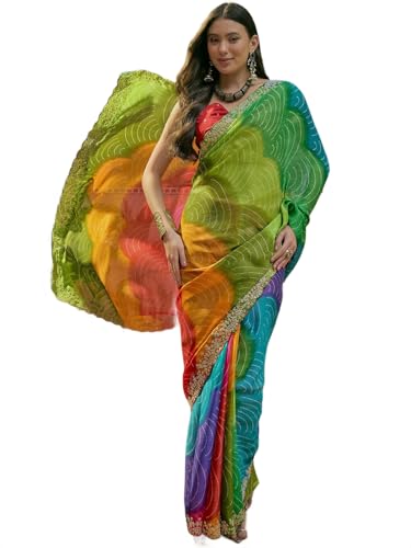 Image of SIRIL Women's Chiffon Scalloped Border Sequins Embroidery Saree with Unstitched Blouse Piece