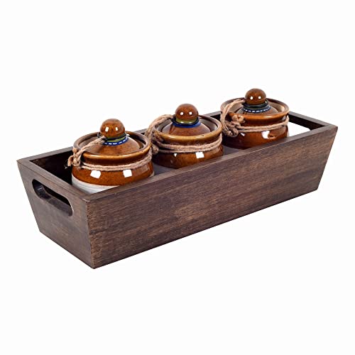 Image of AAKRITI ART CREATIONS Achaar Tray with Three Barnis | Ceramic Achar ki Barni & Mukhwas Box | Handcrafted Modern Art Storage Jar for Spice & Pickle | Traditional Achaar Barni for Kitchen