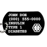 prAna Diabetes Medical Alert ID Personalized Custom Engraved Dog Tag Free Stainless-Steel Necklace 22' Chain Made in USA