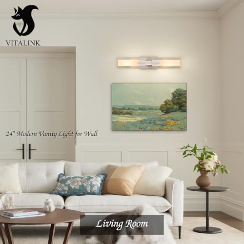 Image of VitaLink 24 inch Bathroom Vanity Light, Satin Nickel 2-Light Frosted Glass Wall Lights for Bathroom Hardwired Wall Mount Lighting Fixtures for Living Room Bedroom E12