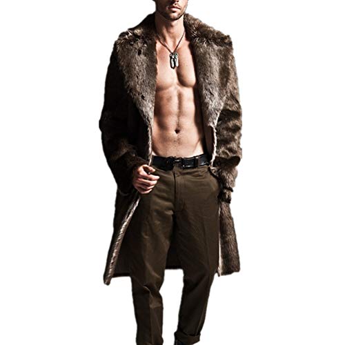 Mens Faux Fur Coat Warm Fur Coat Long Jackets Furry Overcoat Outwear (Browm, XL)