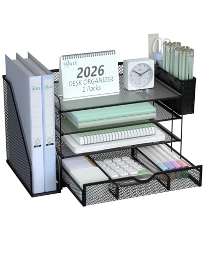 Image of WALI Desk File Organizer, 4 Tier Desktop Paper Letter Tray Organizer with Drawer and 2 Pen Holders, Office Desk Accessories & Workspace Organizers for Office, Home Supplies(DO005DH-2B), 2 Packs, Black