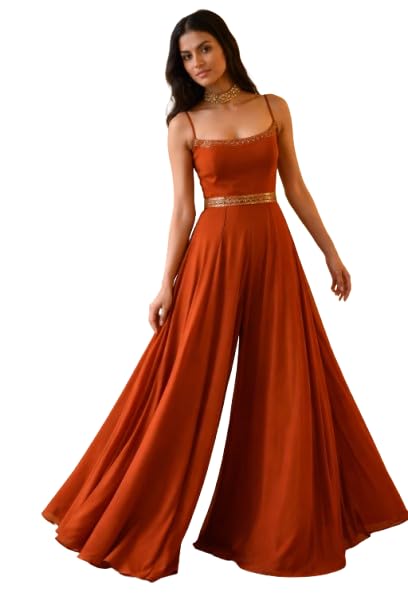 stylessagess Women Elegant Ethnic Anarkali Gown Style Jumpsuit with Golden Embroidery | Sleeveless long Flared Dress for Women | Festive & Outfit.-picture-16