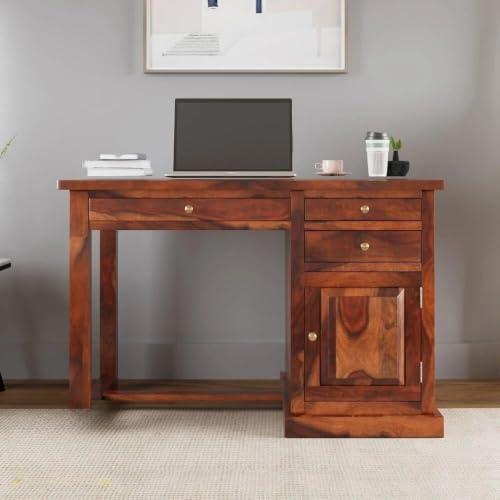 Image of Solid Sheesham Wooden Study Table & Desk with Drawer for Office and Home | Computer Laptop Table | Reading & Writing Desk | Laptop Desk (Honey B)