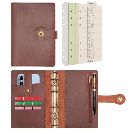 Wonderpool Ringbuch Notizbuch A6 Nachfüllbar Leder Tagebuch Organizer Binder Ordner mit Taschen Liniertes Papier Stift für Büro Schule Geschäft Reisen Planung Schreiben (Kaffee,A6)