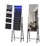 LVSOMT 6 LEDs Standing Mirror Jewelry Cabinet, Jewelry Armoire Organizer with Full Length Mirror, Lockable Jewelry Stand Storage Mirror, Acrylic Shelves, White