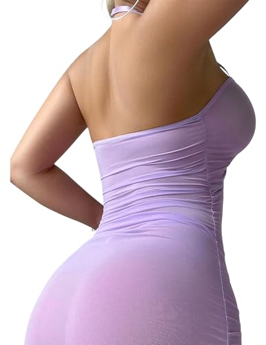 Avidlove Sexy Bodycon Dress for Women Sheer Lingerie Mini Babydoll Dress Mesh Ruched Bodycon Light Purple M — view 6