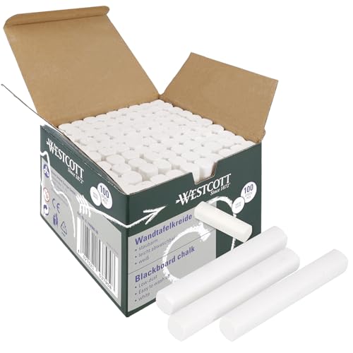 Westcott Tiza 100 unidades blanca | Paquete económico Tiza para pizarra con 1,2 cm ⌀ en blanco opaco | sin polvo y fácil de limpiar | barras de tiza de 8,5 cm de largo | E-744986 00
