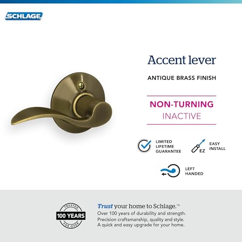 Image of SCHLAGE F170ACC609LH ACC 609 F170 Lh Dummy Door Lever, 2.72 In Projection X 4-1 /8 In L, Antique Brass