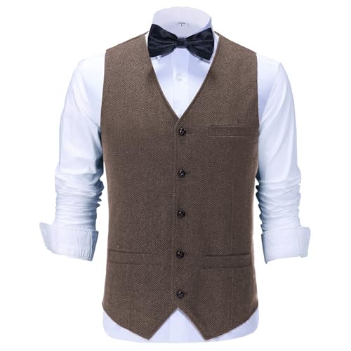 Men's V-Neck Suit Vests Slim Fit Casual Business Formal Herringbone Tweed Wool Waistcoat Wedding Groomsmen Suit Vest3