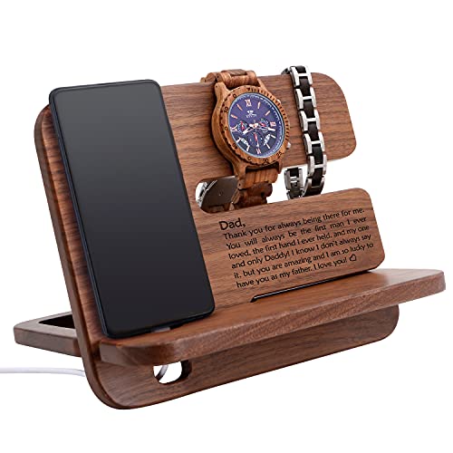 Engraved Wooden Docking Station for Dad - Cell Phone Stand Wood Mobile Base Charging Watch Organizer - for Dad Birthday (to My Dad)