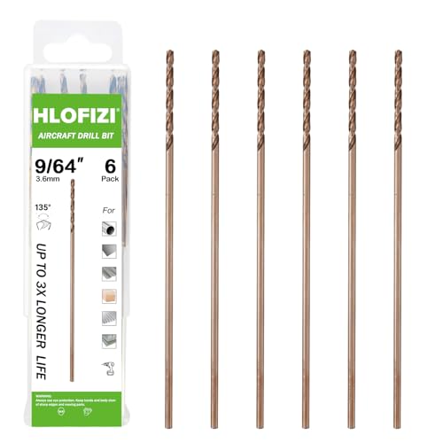 HLOFIZI 9/64 x 6 Inch Cobalt Long Drill Bits (6 Pack), Drilling for Hard Wood, Aluminum, and Soft Metal