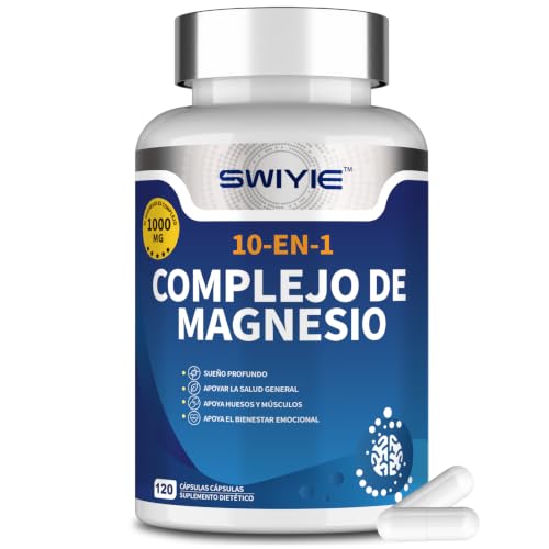 SWIYIE Complejo de Magnesio 10 en 1, 163 mg de Magnesio Elemental, Bisglicinato, Citrato, Malato, Taurato, L-Lisinato, 120 Cápsulas