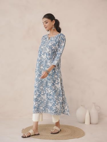 Image of GOODHAND Pure Cotton Floral Printed Long Kurta for Women | Straight Fit Ethnic Kurta | Round Neck 3 /4 Sleeve Kurta