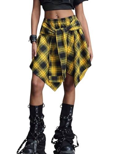 Verdusa Women's Y2k Goth Grunge Plaid Skirts Tie Vintage Asymmetrical Flowy Pleated Mini Skater Skirt Yellow Medium