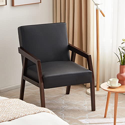 Huimo Pu Side Chair,Modern Mid Century Chair,Accent Chair,Wooden Armchair,Leather Chairs For Living Room,Reading Chair, Upholstered Elegant Bedroom Chair, Black #TOP6