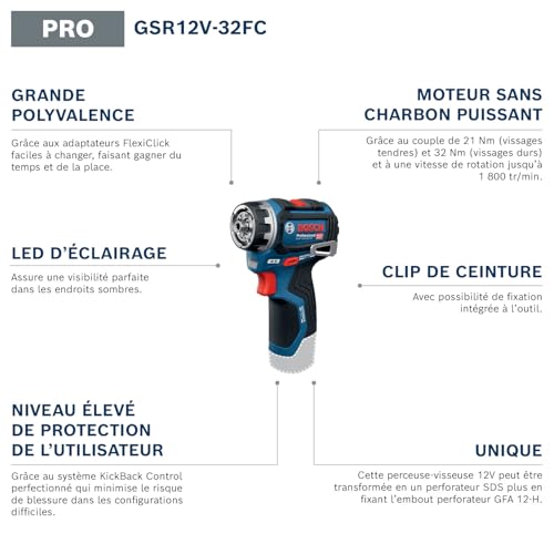 Perceuse visseuse sans fil BOSCH PROFESSIONAL Flexiclick GSR 12V 32 FC 2batteries GBA 2.0 Ah + chargeur + accessoires + coffre - vue 5