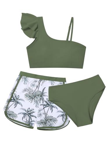 Image of ESHOO Girls Swimsuit 3 Piece Bathing Suit Ruffled Bikini Set with Shorts for Girls 9-16 Years Swimwear