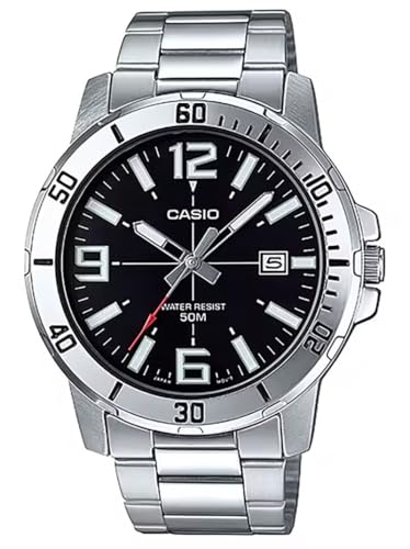 Casio MTP-VD01D-1BV Men's Enticer Stainless Steel Black Dial Casual Analog Sporty Watch, Silver, 48×42×10.7mm, Quartz Movement