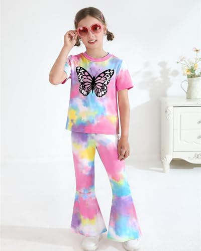 Image of CARETOO Girls Summer Outfit Poster Girl Matching Sister 2pcs Sets Printed t-Shirt + Flare Leg Pants For 3-10 Years