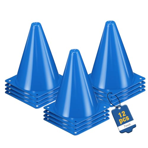 ZKNDRHJO 12pcs Blue Cones 7 Inch Soccer Cones and Plastic Traffic Cones Durable Cones for Sports Training Ideal for Soccer Basketball Football Skating and Agility Drills Practice (12 Blue)