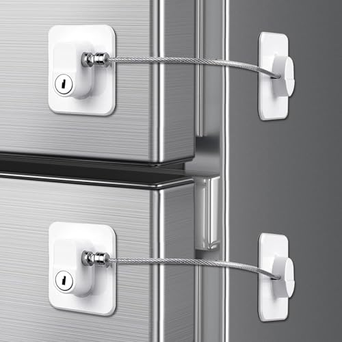 Fridge Lock,H HOME-MART Refrigerator Door Lock with Two Keys,Freezer Lock and Child Safety Cabinet Lock with Strong Adhesive for Cabinets, Closets, Drawers, Window and More, Easy Install and Use (White-2 Pack)