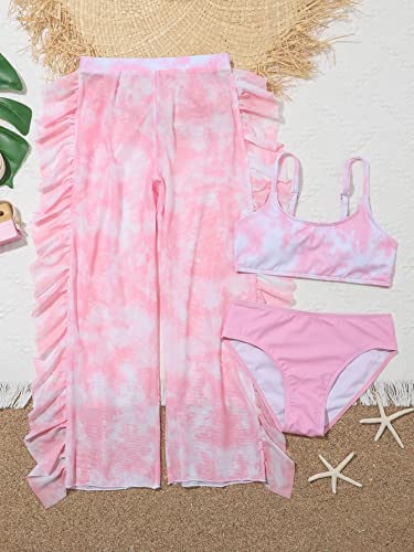 Image of OYOANGLE Girl's 3 Piece Bikini Sets Tie Dye Spaghetti Straps Wireless Swimsuits with Ruffle Trim Cover Up Pants