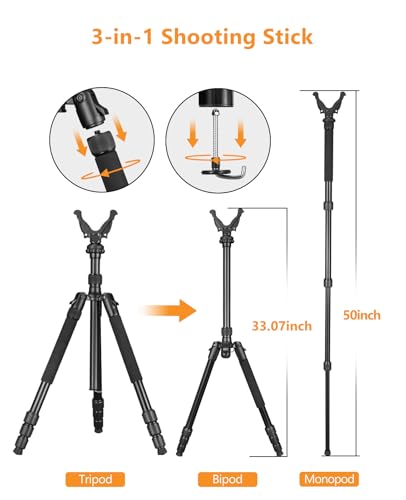 Trakiom 3-in-1 Shooting Stick Hunting Tripod Stand Shooting Tripod Gun Rifle Rest with Height Adjustment Center Column,Shooting Monopod Bipod Tripod with V Yoke for Hunting Shooting and Outdoor