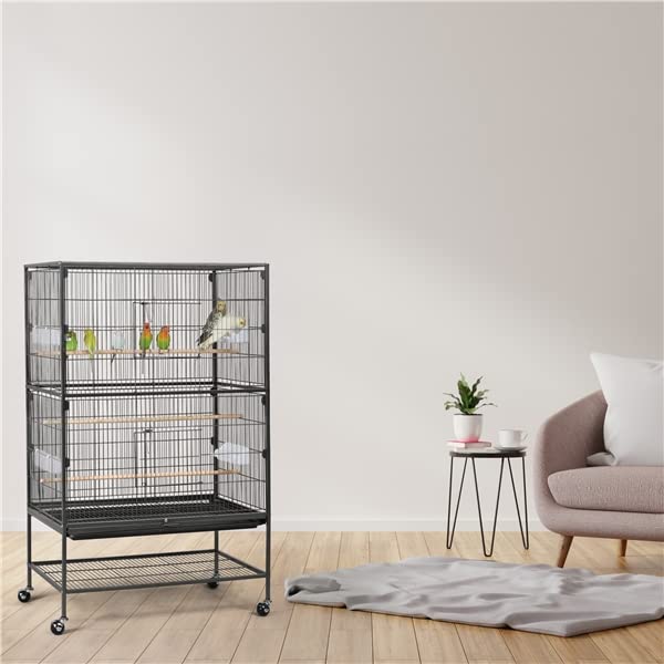 Abician Voliere Oiseaux Interieur sur Pied Grand Cage Oiseaux sur roulettes en Métal Cage à Oiseaux pour Perroquet Perruches 79 x 52 x 132 cm