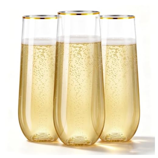N9R 12 Pack Plastic Champagne Flutes, 9 oz Stemless Disposable Gold Rim Toasting Glasses, Crystal Clear Cocktail Cups Drinkware Shatterproof Ideal for Party Wedding Birthday