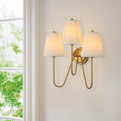 Image of Electro bp; Elegant Triple Sconce Polished Gold Curved Metal Arm with Warm White Pleated Fabric Lamp Shades Brocade Cover Wall Light Fixture,E12,3 Sockets,120W,Hardwired;