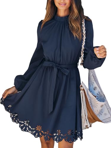 CUPSHE Women Fall Dresses Scallop Trim Cutout Smocked Mock Neck Tie Waist Long Sleeve A Line Flowy Mini Dress